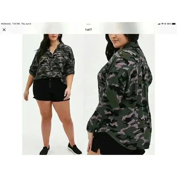 Torrid Cozy Camo Women 1X Drop Shoulder Button Up Top Green Purple Roll Tab - Picture 2 of 10